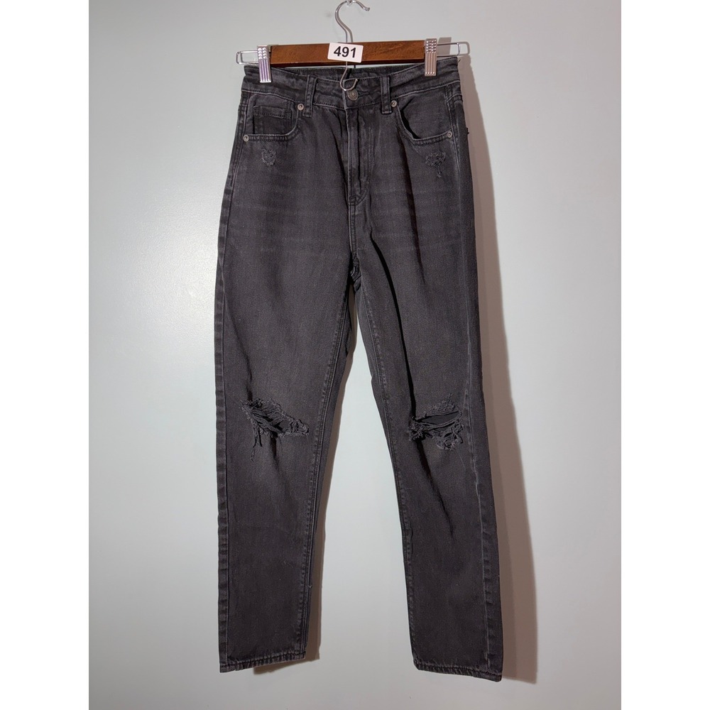American Eagle Mom Straight Jeans Washed Black Comfort Stretch Denim Size 00